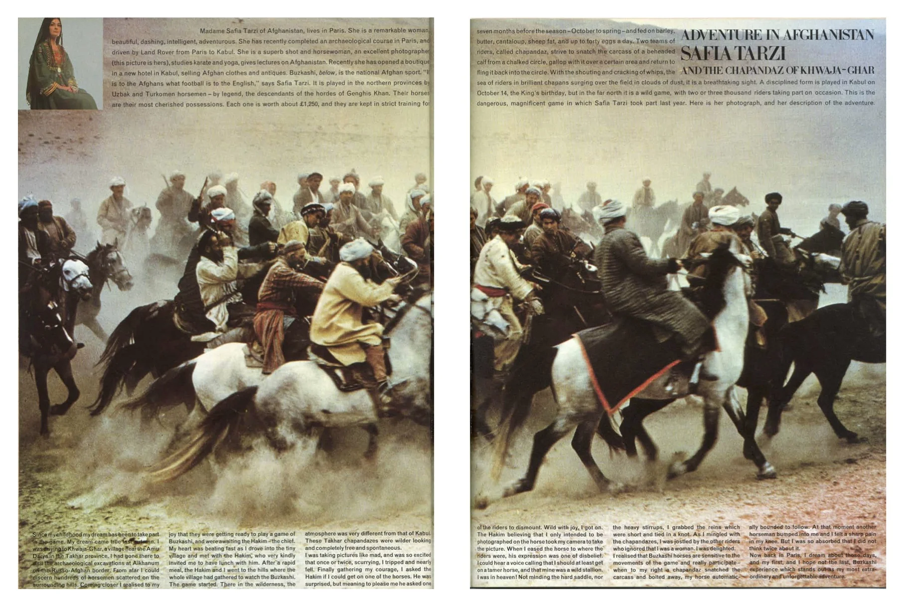 Vogue magazine article spread featuring Safia Tarzi and Buzkashi riders.